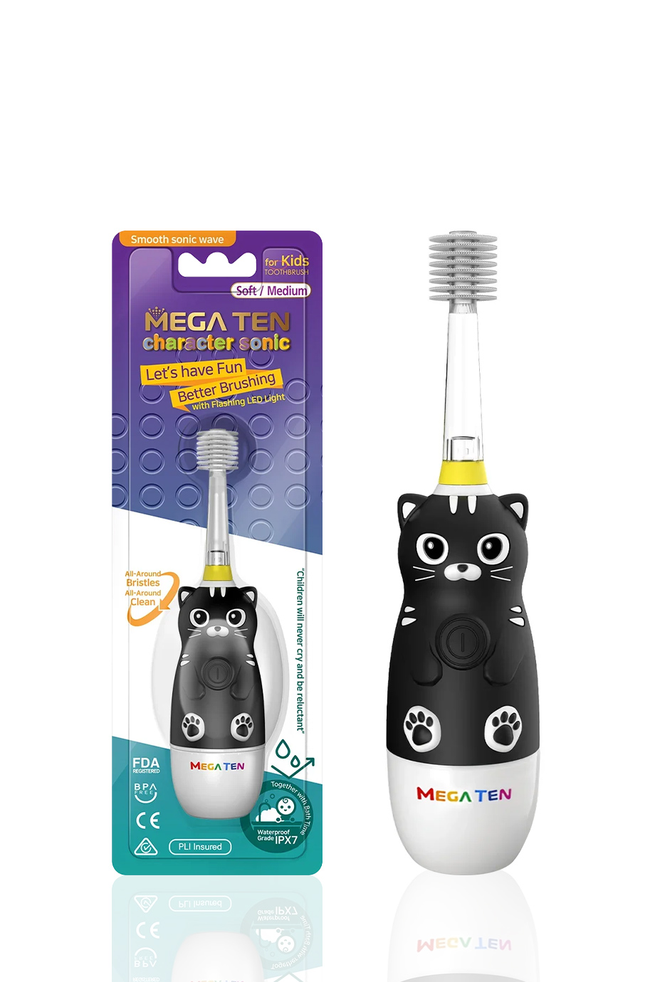 Детская электрическая зубная щетка MEGA TEN KIDS SONIC Котенок Black Edition в интернет-магазине Authentica.love